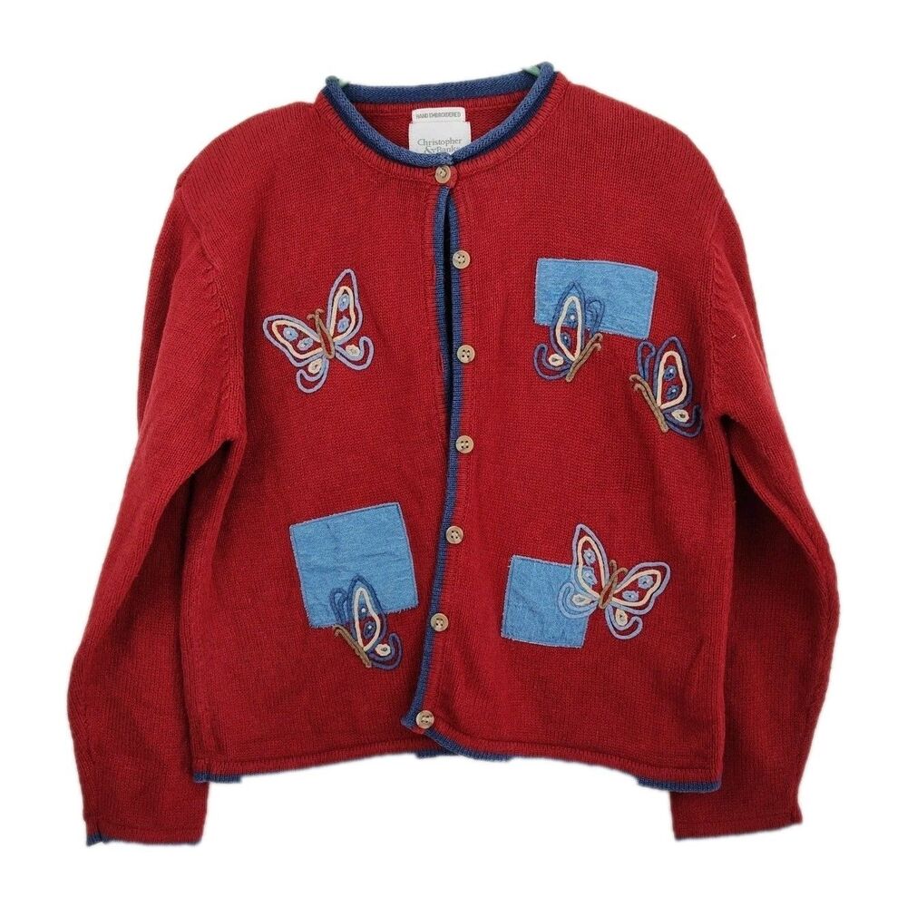 Christopher & Banks Hand Embroidered Cardigan, women's L, dark red, butterflies - Picture 1 of 9
